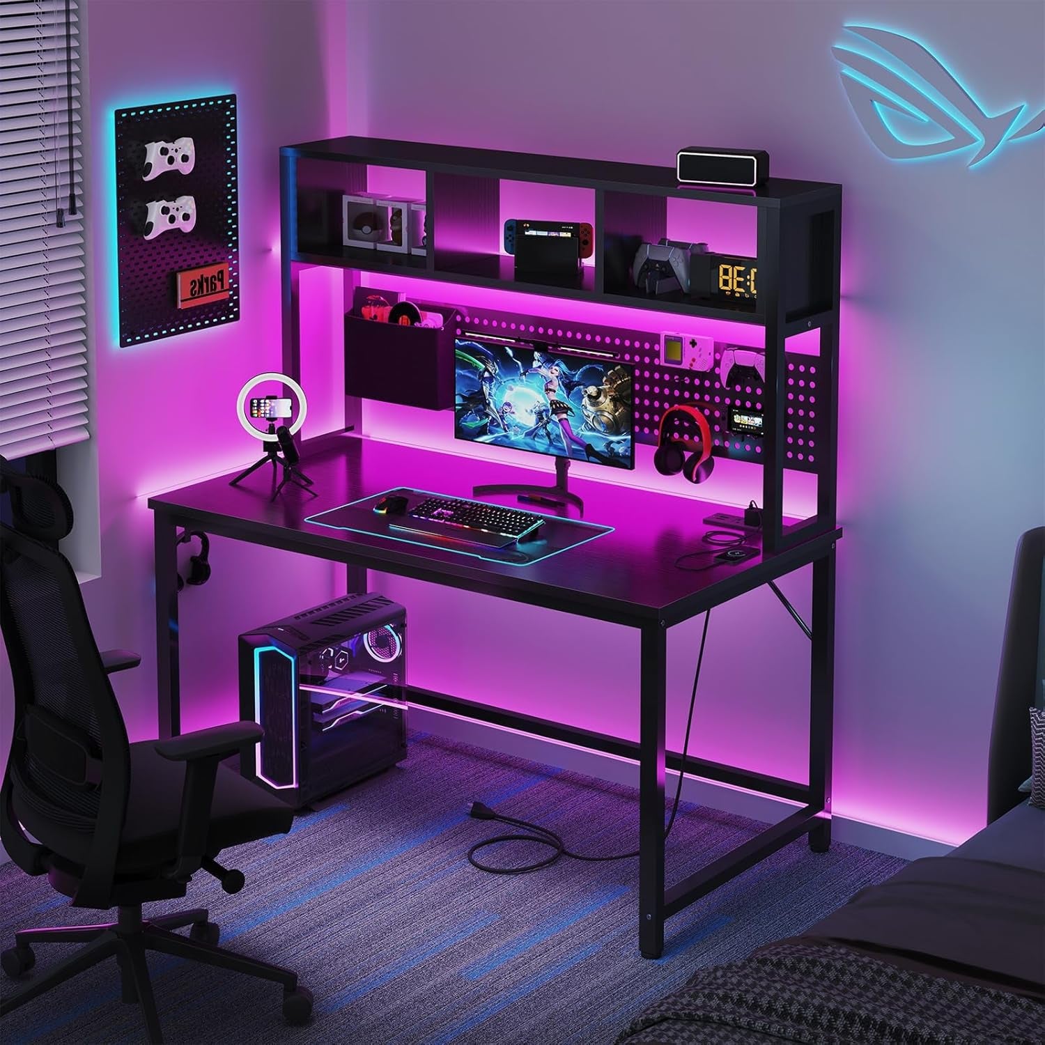 Black Gaming Desk with Hutch and Pegboard - 47 Inch Gaming Desk with Shelves Storage Power Outlets, Computer Teen Work Study Writing Desks for Bedroom Home Office