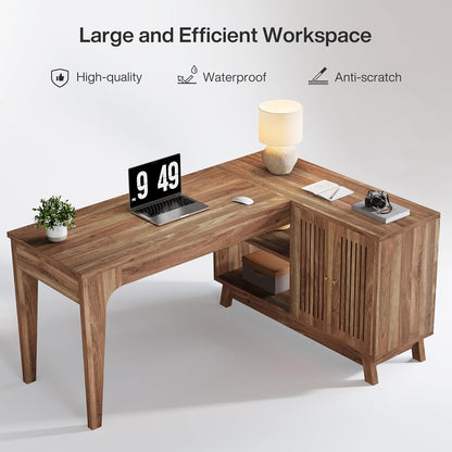 L-Shaped Desk with Storage Cabinet, 57-Inch Wood Corner Workstation, Home Office Computer Desk, Study Writing Table for Bedroom, Walnut