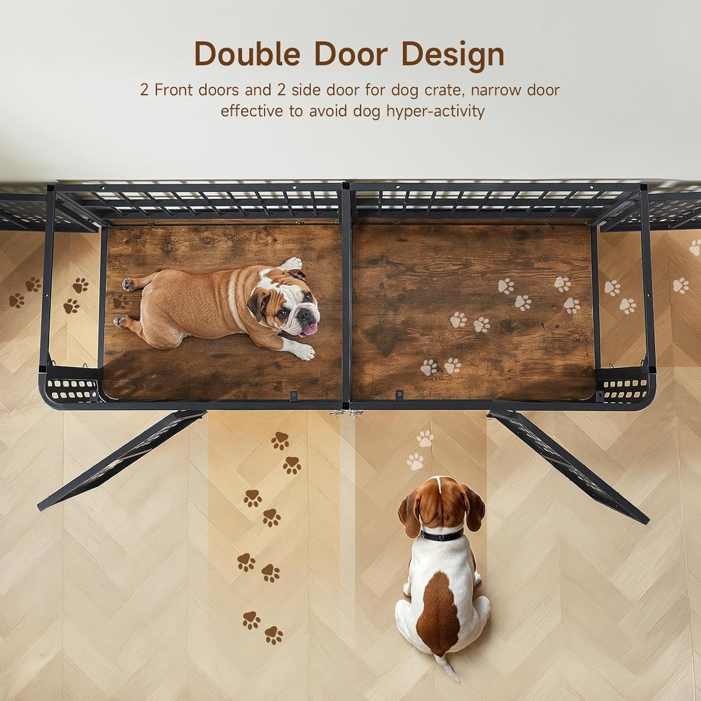 71" Dog Crate Furniture for 2 Dogs, Indoor Heavy Duty Dog Crate with Removable Divider and 4 Doors, Escape Proof Pet Cage, XXL Thicken Wooden Kennel TV Stand for Medium Large Dogs,Brown