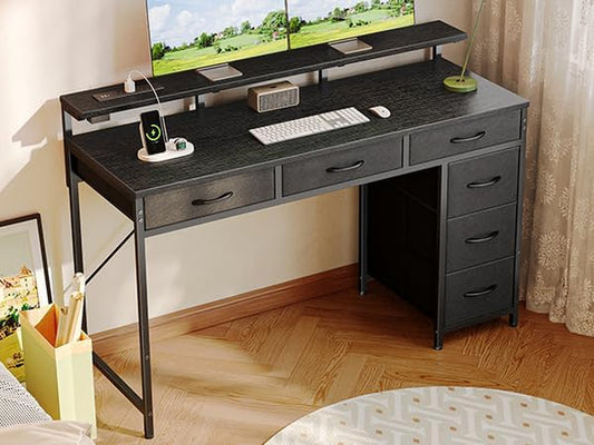 Gaming Desk with 6 Drawers, Computer Desk with LED Lights Power Outlets and Type-C, 47 Inch Office Desk with Storage, Monitor Stand, Writing Desk Work Desk Home Office, Bedroom, Study, Black