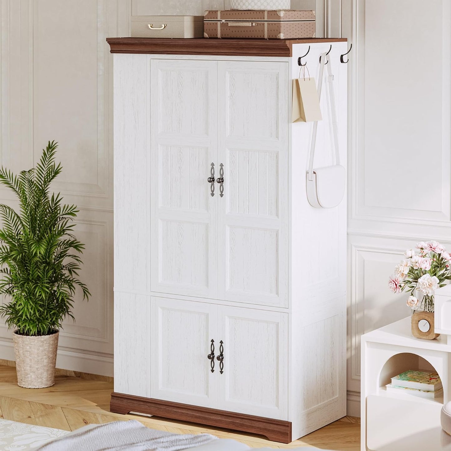 Armoire Wardrobe Closet with Side Half Mirror, 70" Freestanding 4-Door Storage Cabinet for Bedroom, Features Side Hooks, Open Compartments, Hanging Rod & Shelves, White Armoire