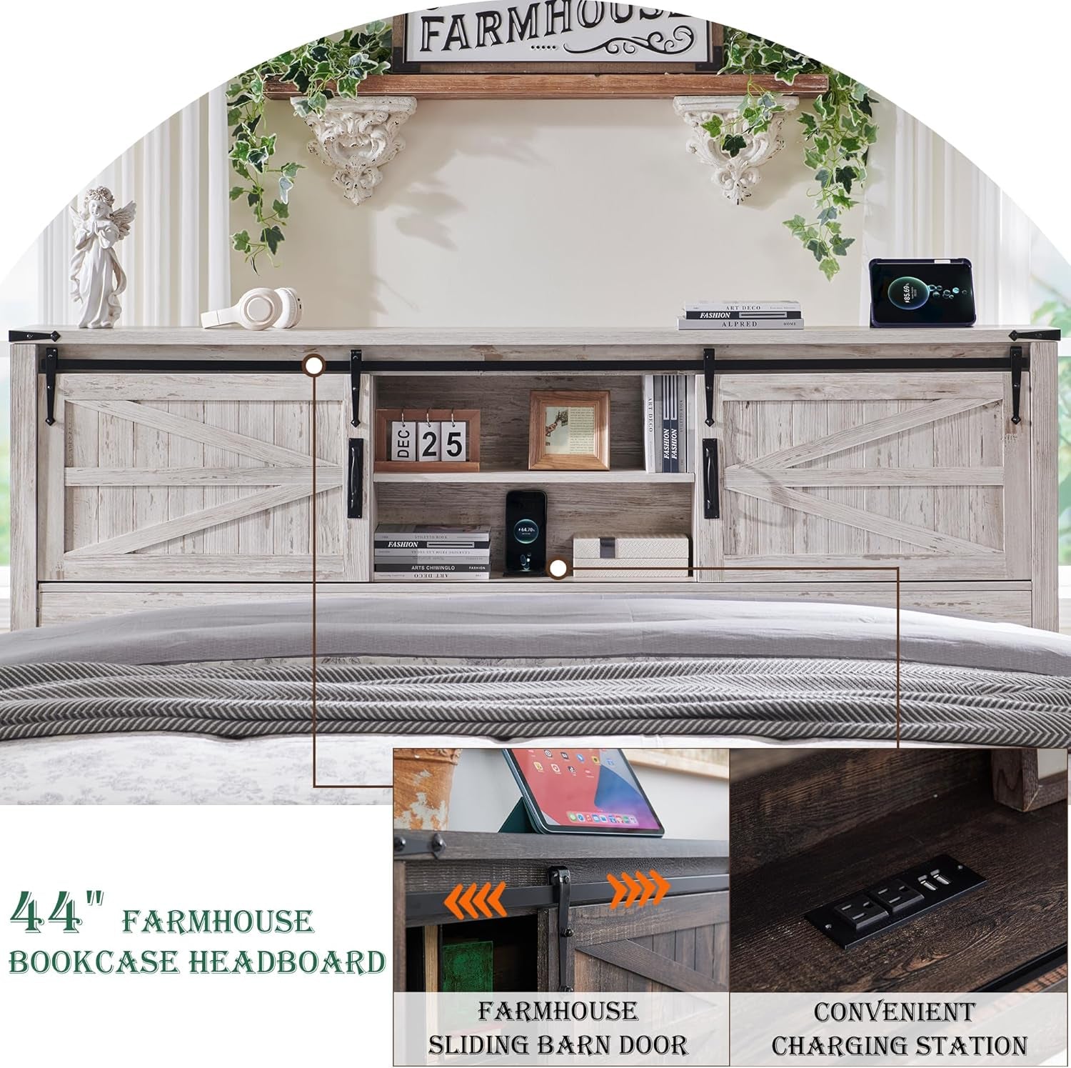 Farmhouse King Size Bed Frame with Bookcase Headboard, Sliding Barn Door, Storage Cabinet, Charging Station, Wood Slats Support, No Box Spring Needed, Antique Brush White