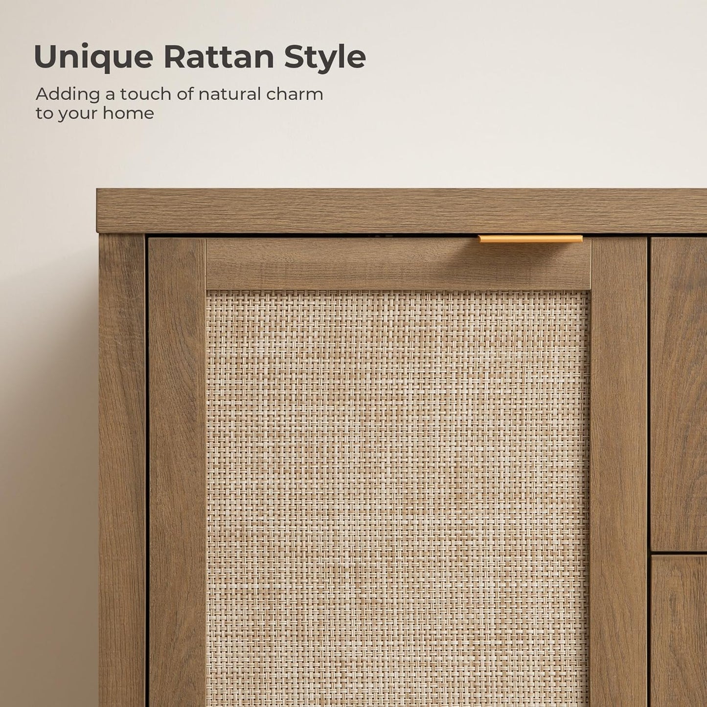 Rattan Sideboard Buffet Cabinet with Storage - 52" Larger Farmhouse Credenza Storage Coffee Bar Cabinet with 3 Drawers & 2 Doors, Boho Console Table for Living Room, Kitchen, Caramel Oak