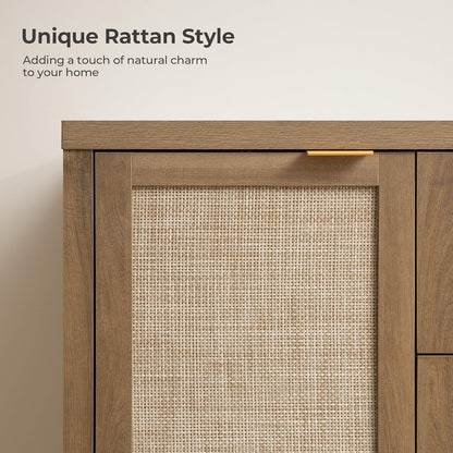 Rattan Sideboard Buffet Cabinet with Storage - 52" Larger Farmhouse Credenza Storage Coffee Bar Cabinet with 3 Drawers & 2 Doors, Boho Console Table for Living Room, Kitchen, Caramel Oak