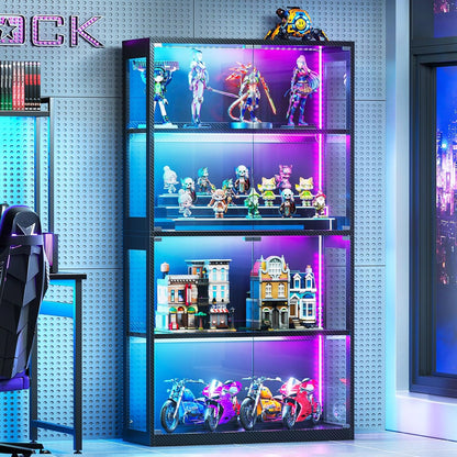Glass Display Cabinet with Glass Doors, 4-Tier Display Case with RGB Lights, Glass Cabinet Shelf for Collectibles and Storage, Black Curio Cabinet for Gaming Room