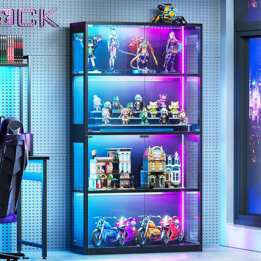 Glass Display Cabinet with Glass Doors, 4-Tier Display Case with RGB Lights, Glass Cabinet Shelf for Collectibles and Storage, Black Curio Cabinet for Gaming Room