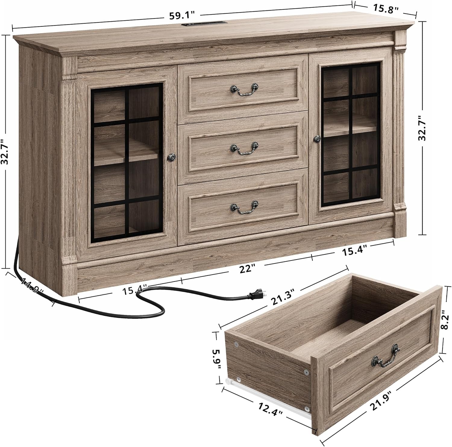 Farmhouse TV Stand for 65 Inch TV with Outlets, 59" Entertainment Center with 3 Drawers and 2 Storage Cabinet, Glass Doors and Adjustable Shelf, Console Tables for Living Room, Light Rustic Oak