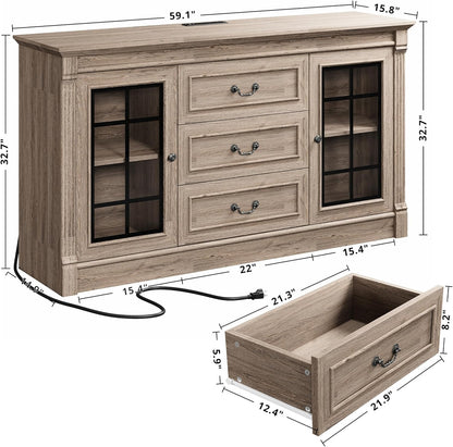 Farmhouse TV Stand for 65 Inch TV with Outlets, 59" Entertainment Center with 3 Drawers and 2 Storage Cabinet, Glass Doors and Adjustable Shelf, Console Tables for Living Room, Light Rustic Oak