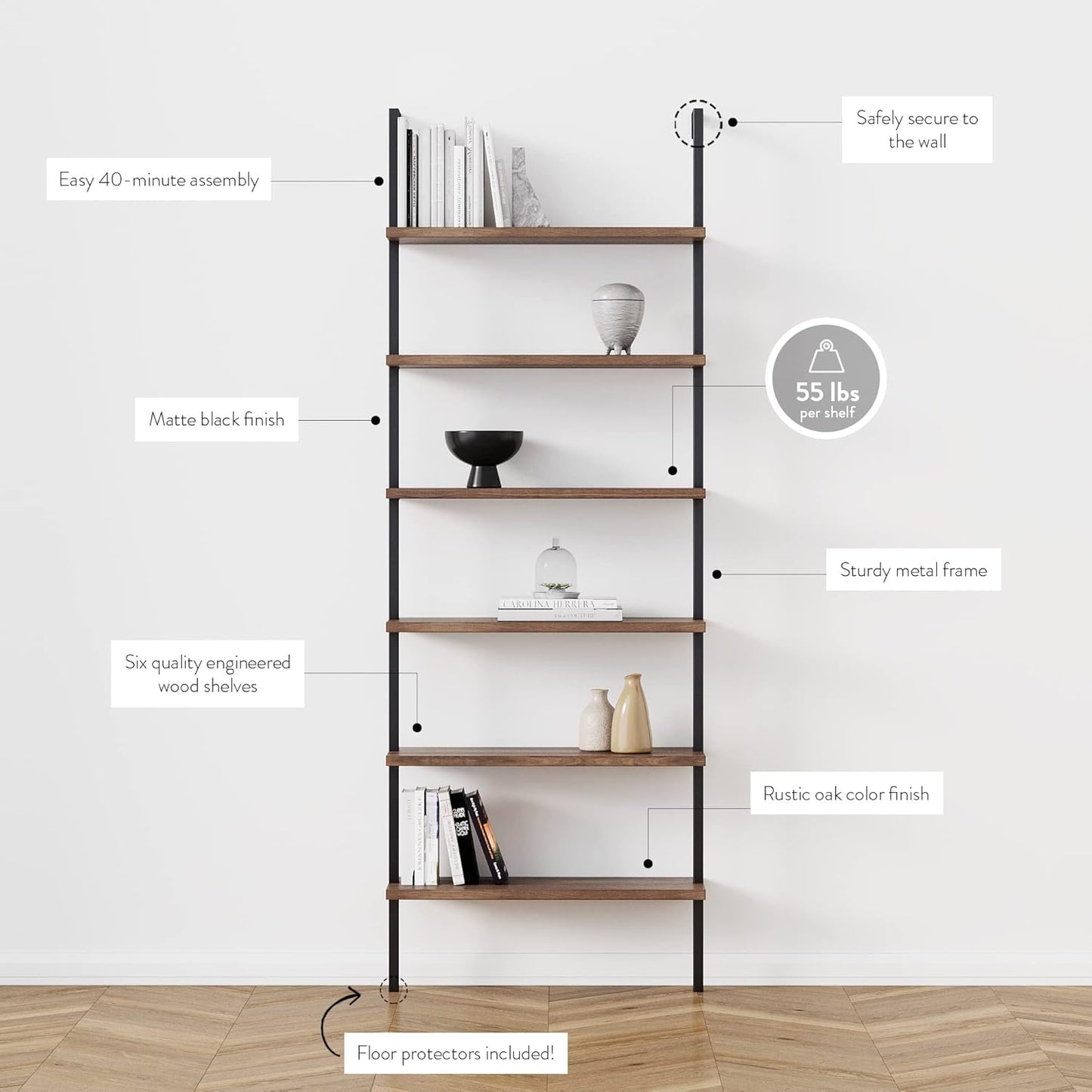 Theo 6-Shelf Tall Bookcase, Wall Mount Bookshelf with Reclaimed Wood and Industrial Metal Frame, Oak/Black