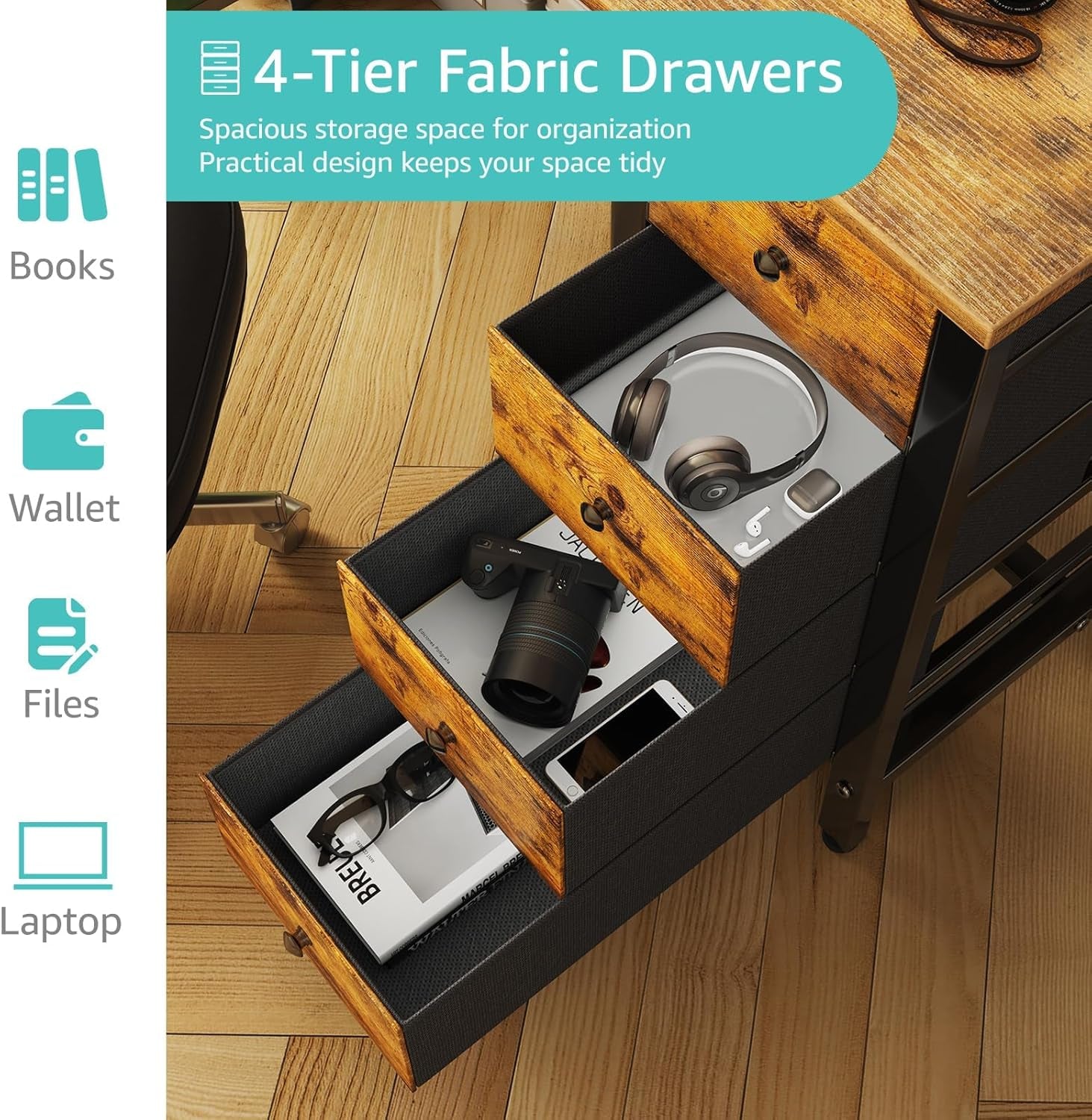 47 Inch Computer Desk with 4 Fabric Drawers, Reversible Writing Work Study Desk for Home Office Bedroom, Modern Simple Student PC Desks, Rustic Brown