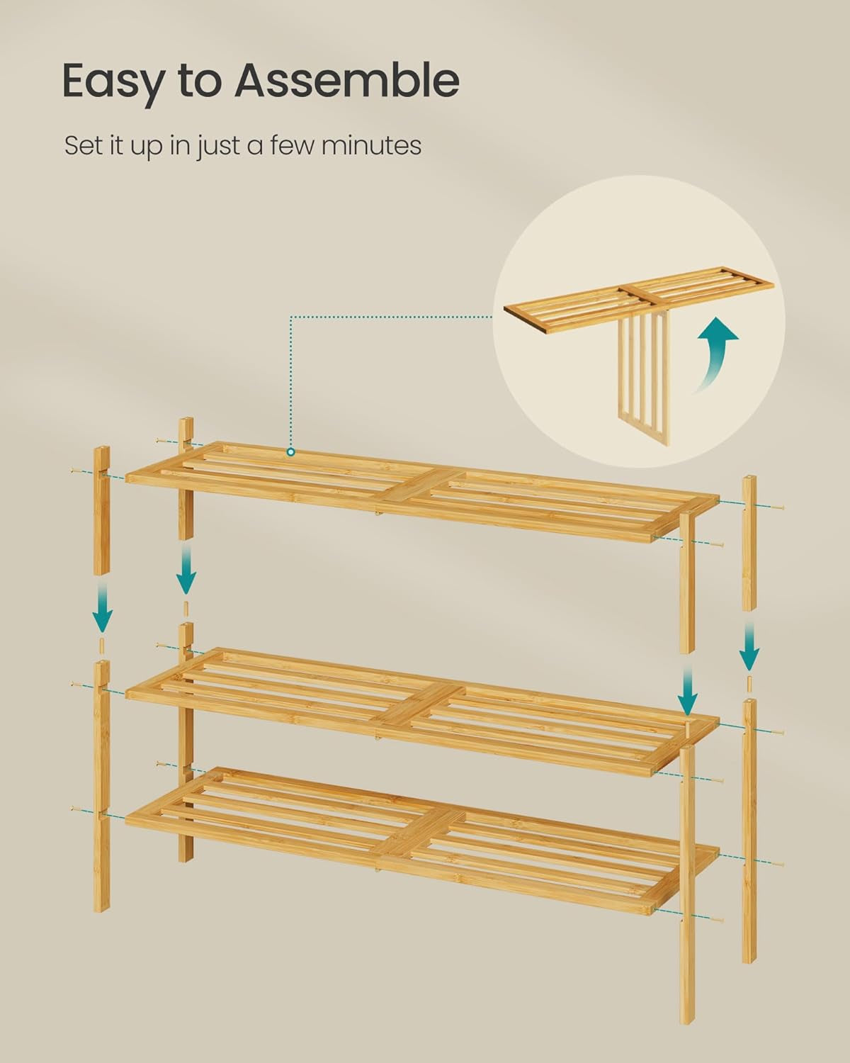 Bamboo Shoe Rack for Closet, Stackable Shoe Oragnizer with Modular Structure, Space-Saving Free Standing Shelf for Entryway Bedroom, 3-Tier, Holds 12-16 Pairs, Natural Color ULBS053YL01