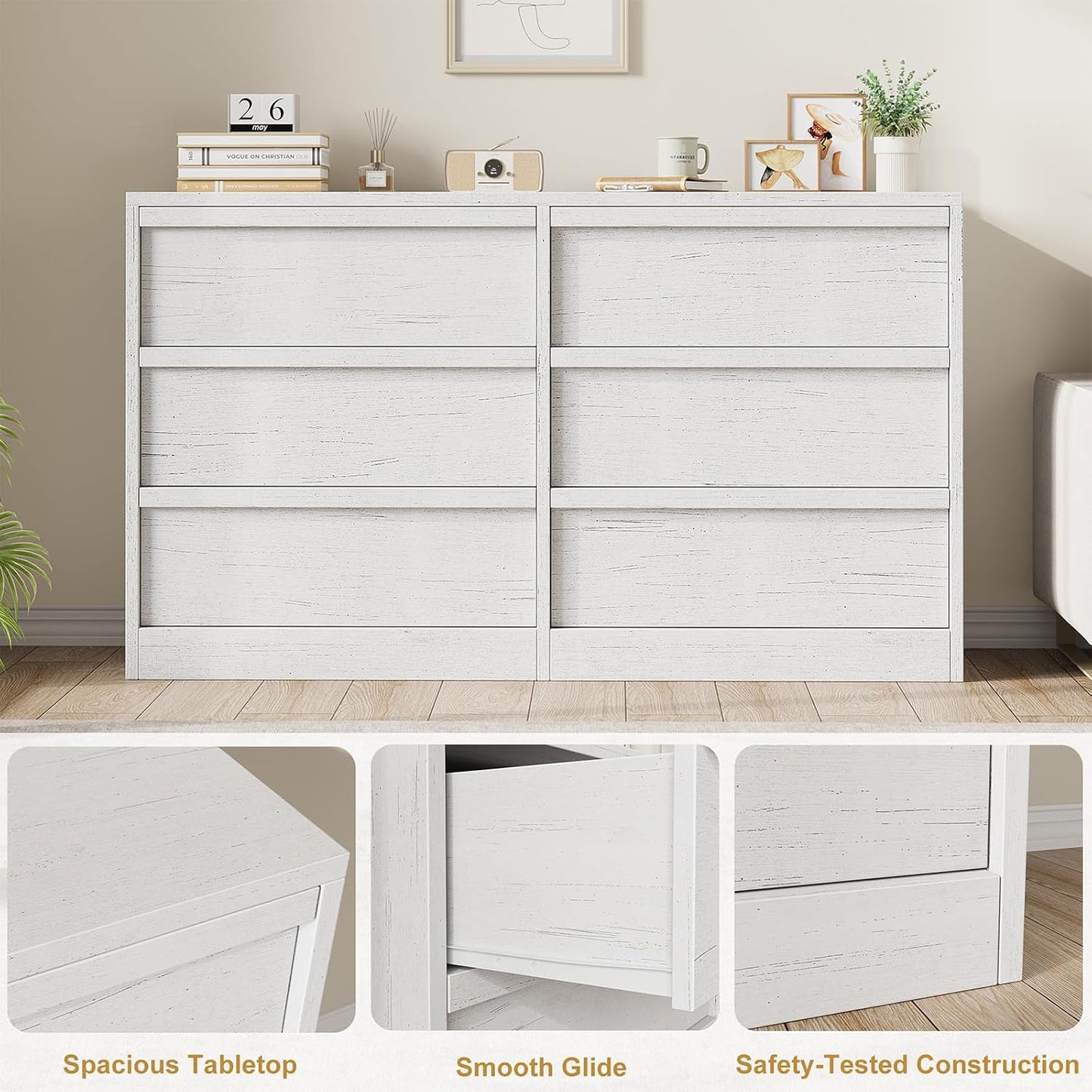 6 Drawer Dresser for Bedroom, 47In Wide Antique White 6 Chest of Drawers with Large Storage, Wooden Dresser Organizer for Living Room, Nursery, Entryway