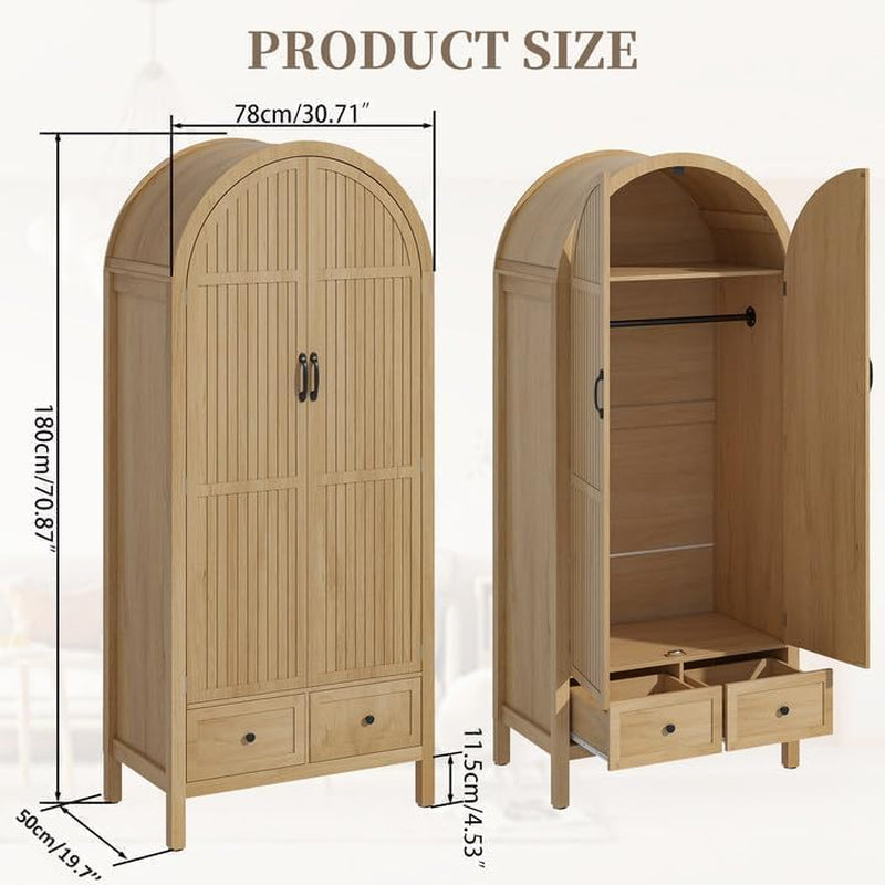 Wardrobe Closet, Armoire Wardrobe Closet with Drawers and 2 Arched Fluted Doors, 70.87‘’ Tall Wooden Bedroom Armoires with Shelves and Hanging Rod (1, Wood Color)