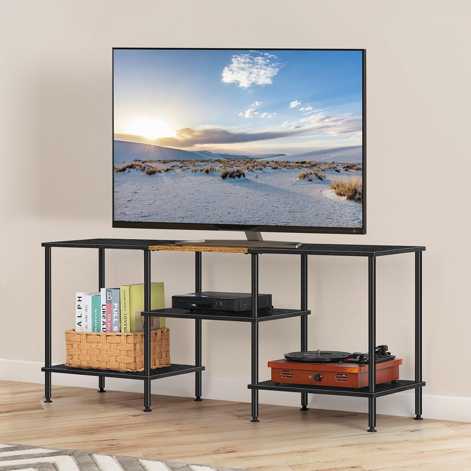 50 Inch TV Stand 3 Tier Entertainment Center with Storage Shelves Small Tall Television Console Table with Metal Frame, Industrial TV Cabinet for Living Room Bedroom, Black