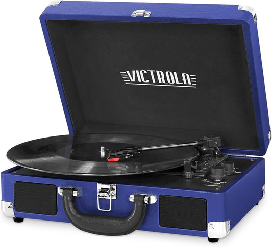 Journey Bluetooth Portable Suitcase Record Player – with Built-In Speakers, 3 Speed Vinyl Record Player, RCA Out, Headphone Jack (Cobalt Blue)