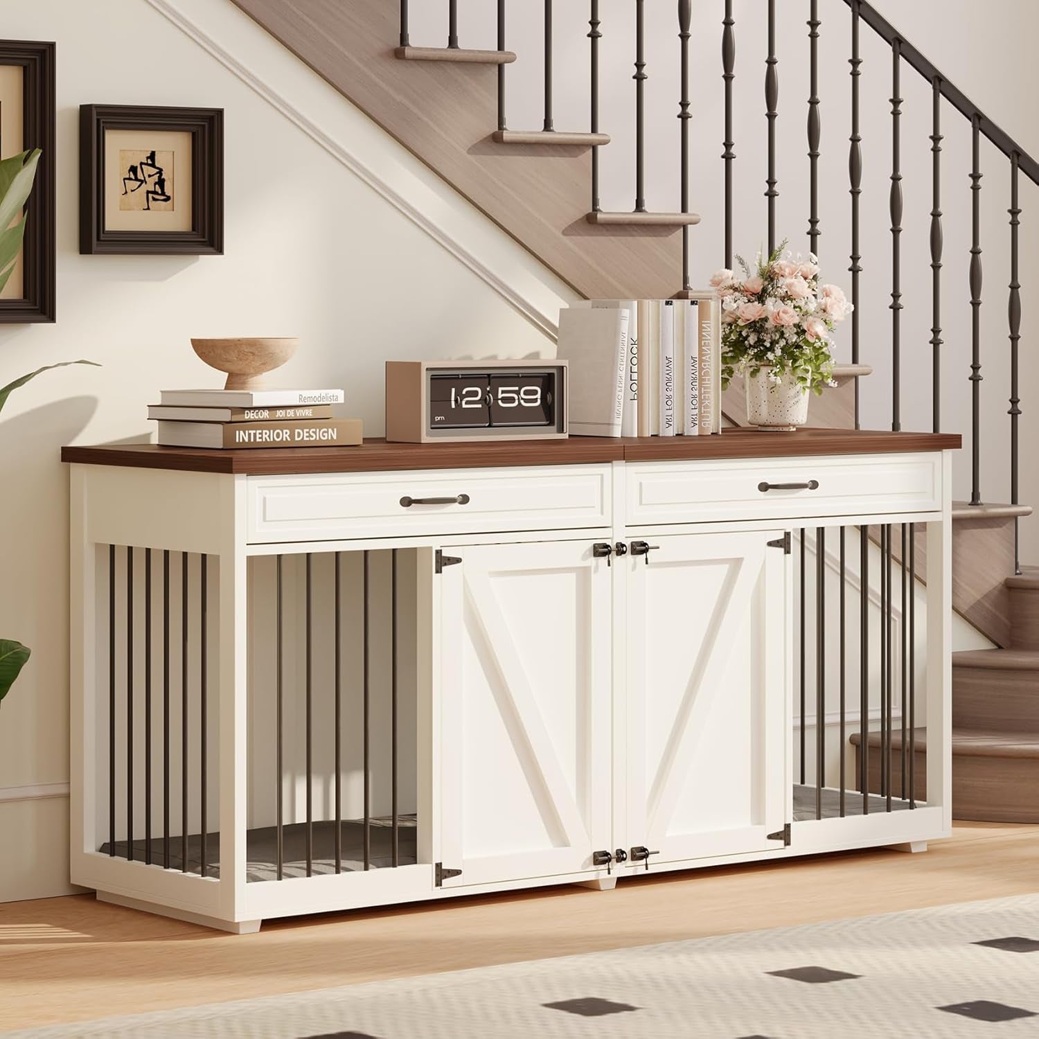 Furniture Style Dog Crate - Indoor Wooden Dog Kennel Furniture with 2 Drawers & Room Divider - 72" L X 23.6" W X 34" H - White