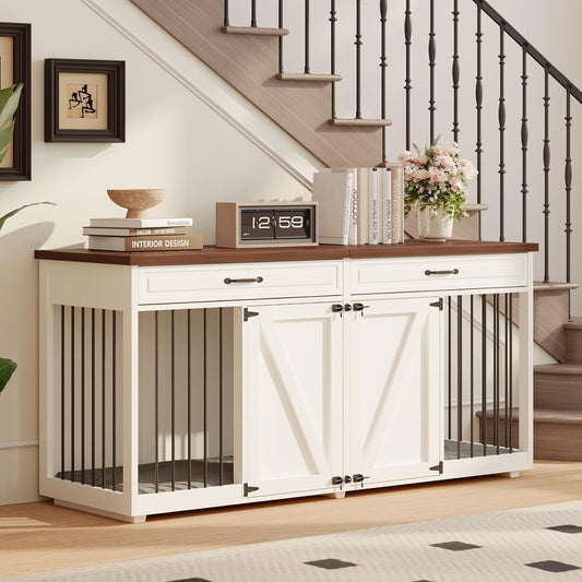 Furniture Style Dog Crate - Indoor Wooden Dog Kennel Furniture with 2 Drawers & Room Divider - 72" L X 23.6" W X 34" H - White