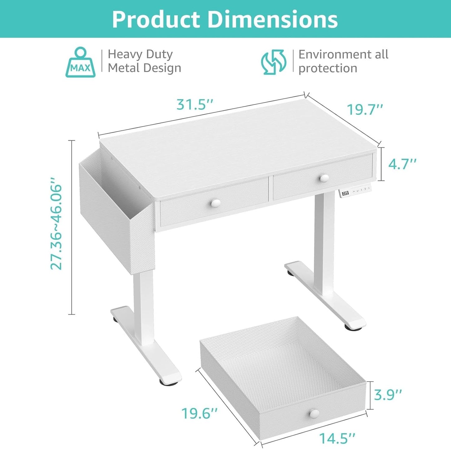 Electric Standing Desk with Drawers, 32 Inch White Small Height Adjustable Sit Stand Desk with Storage for Small Space Home Office Bedroom, Study Writing Stand up Computer Desks for Girls Work