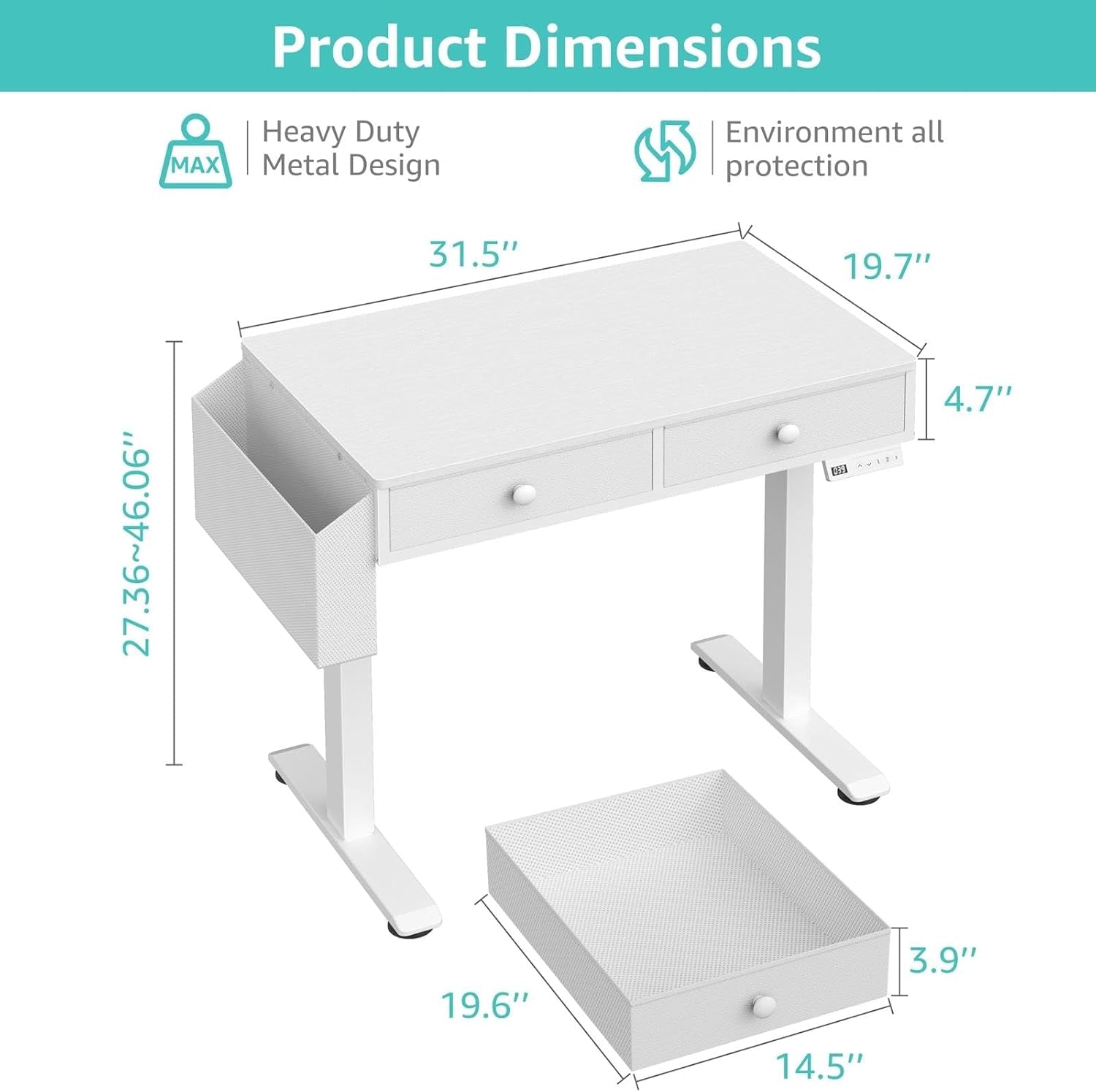 Electric Standing Desk with Drawers, 32 Inch White Small Height Adjustable Sit Stand Desk with Storage for Small Space Home Office Bedroom, Study Writing Stand up Computer Desks for Girls Work