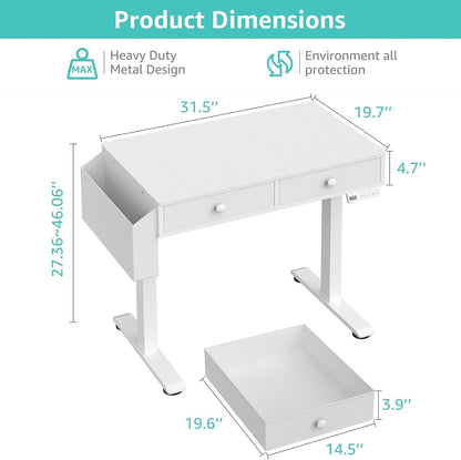 Electric Standing Desk with Drawers, 32 Inch White Small Height Adjustable Sit Stand Desk with Storage for Small Space Home Office Bedroom, Study Writing Stand up Computer Desks for Girls Work
