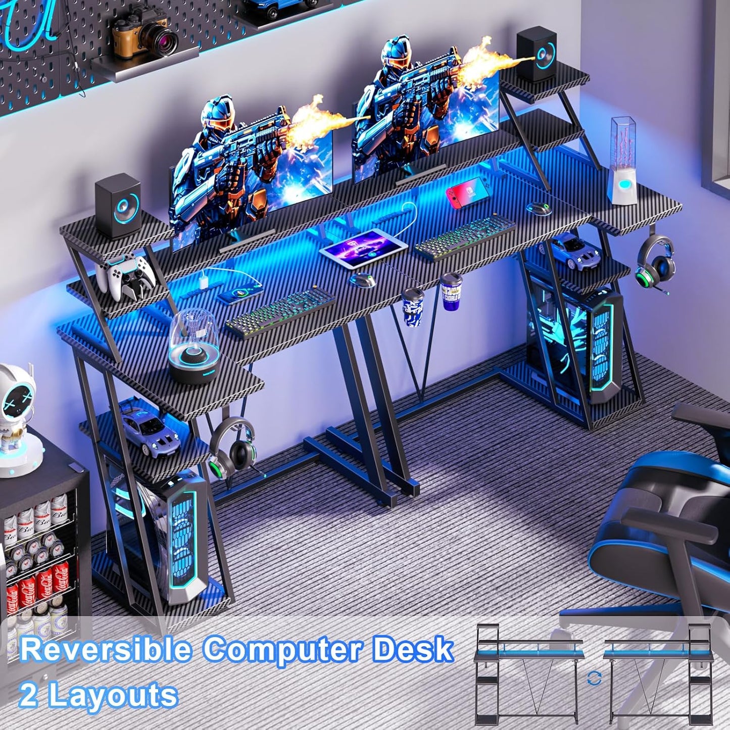 39 Inch Gaming Desk with LED Lights & Power Outlet, Small Gaming Computer Desk with Storage Shelves, L Shaped Gamer Workstations with Monitor Stand for Bedroom, Carbon Fiber Black