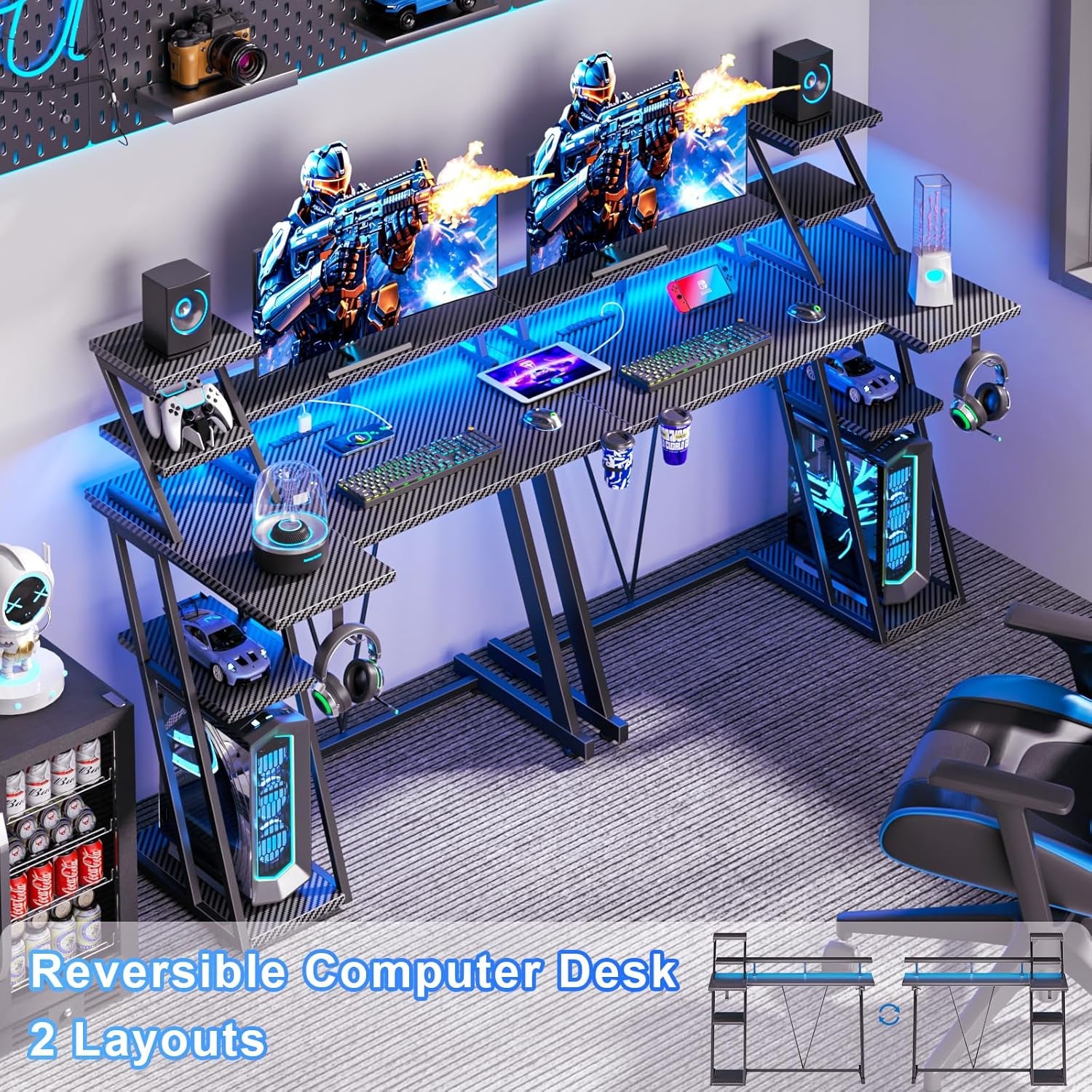 39 Inch Gaming Desk with LED Lights & Power Outlet, Small Gaming Computer Desk with Storage Shelves, L Shaped Gamer Workstations with Monitor Stand for Bedroom, Carbon Fiber Black