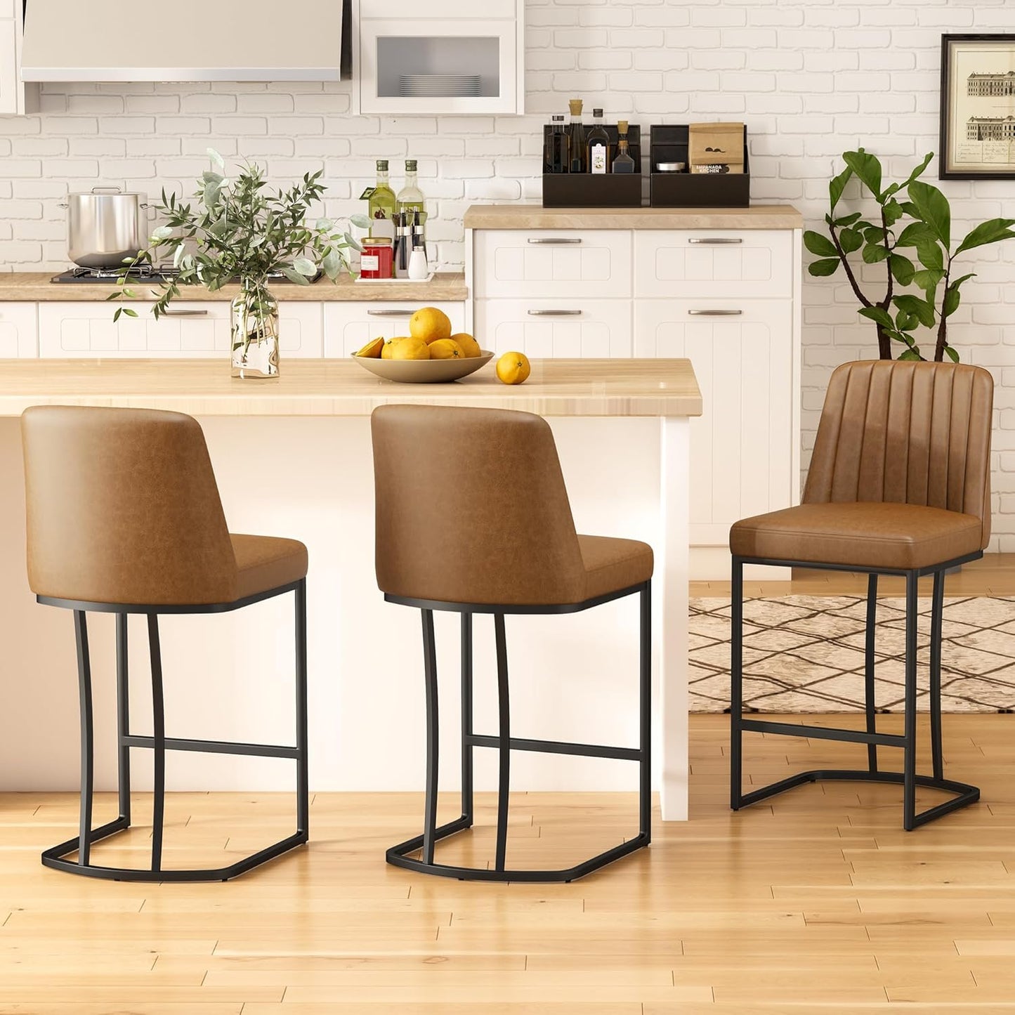 Counter Height Bar Stools Set of 2, Upholstered Leather Barrel Barstools with Back and Metal Legs for Kitchen Island, 27.4" Seat Height, Fabric in Faux Leather, Rustic Brown