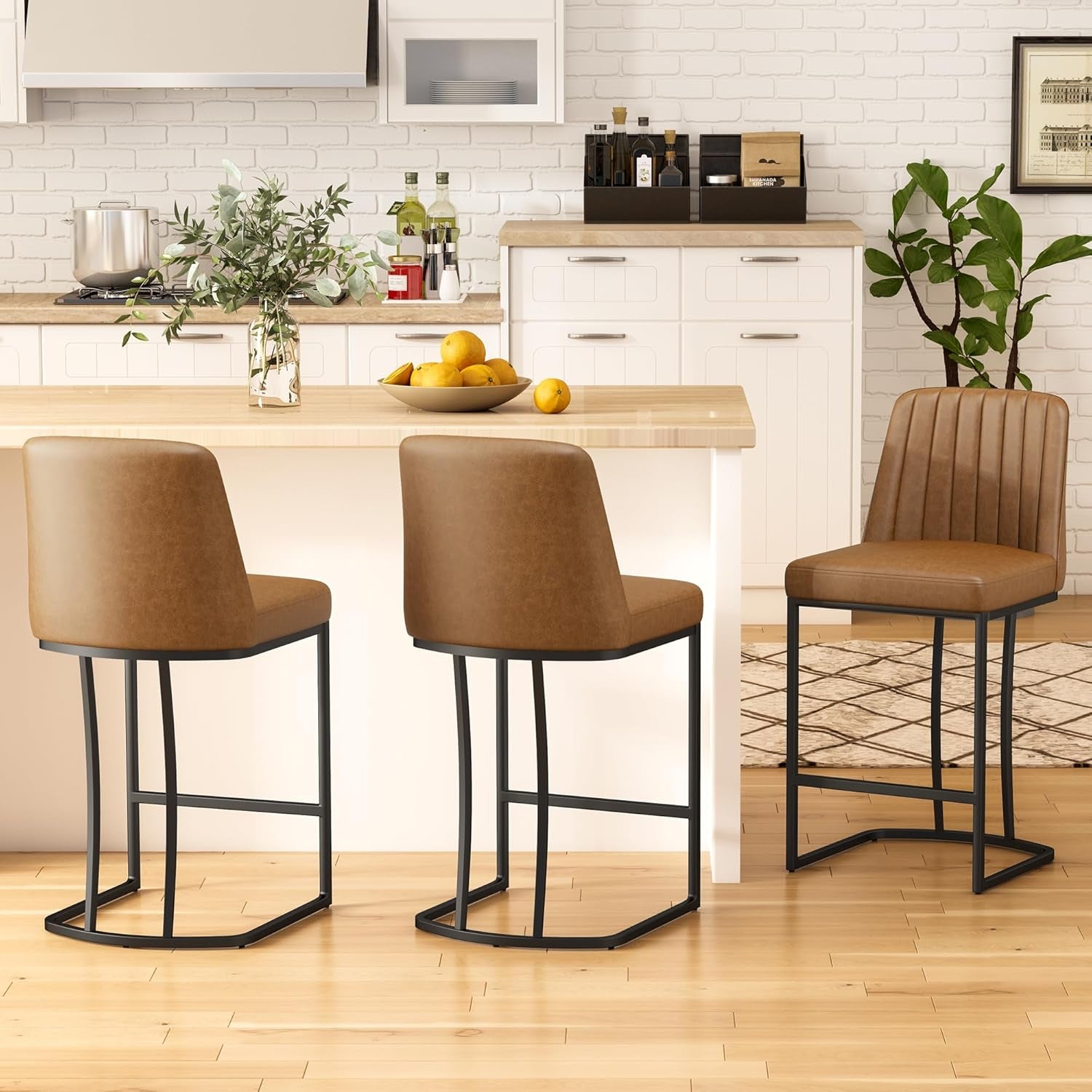 Counter Height Bar Stools Set of 2, Upholstered Leather Barrel Barstools with Back and Metal Legs for Kitchen Island, 27.4" Seat Height, Fabric in Faux Leather, Rustic Brown