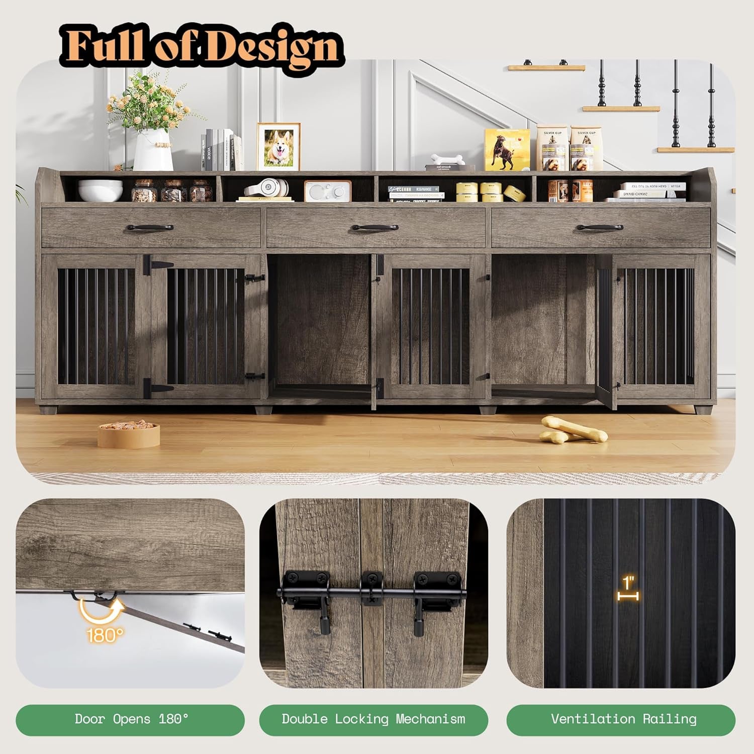 95" Large Dog Crate Furniture with Storage, 3-Room Indoor Wooden Dog Kennel for Large/Medium Dogs, TV Stand & Sideboard with Drawers & Removable Divider, Grey