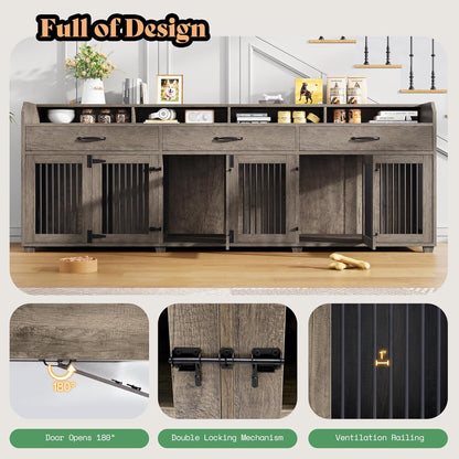 95" Large Dog Crate Furniture with Storage, 3-Room Indoor Wooden Dog Kennel for Large/Medium Dogs, TV Stand & Sideboard with Drawers & Removable Divider, Grey