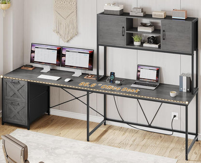 L Shaped Gaming Desk, Reversible Computer Desk with Fabric Drawers and Power Outlet, Gaming Desk with Led Lights, Hutch and Storage Shelf for Home Office, Grey