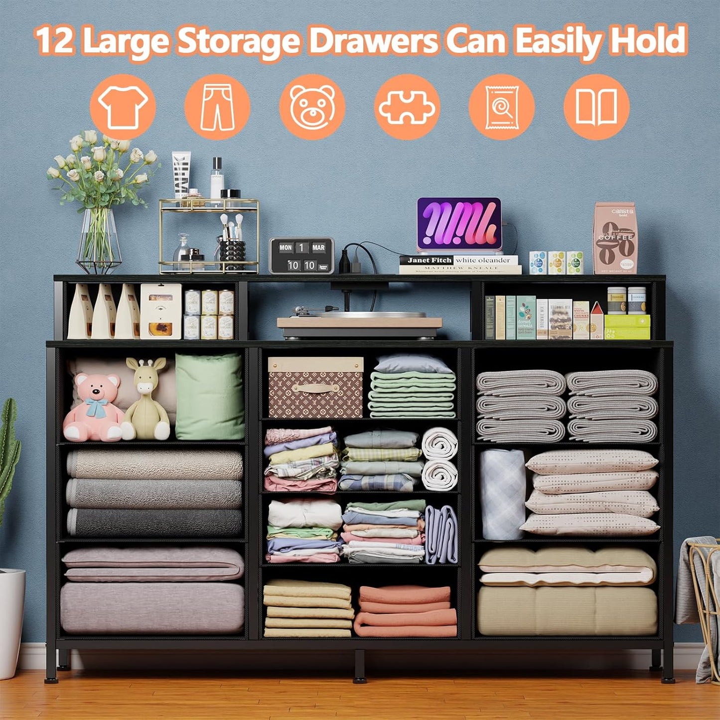 55" W Dresser for Bedroom with LED Lights and Power Outlets,Black Large 12 Storage Drawers Long Fabric Chests Dressers with 2 Shelves for Closet,Living Room,Entryway,Wooden Top,Metal Frame
