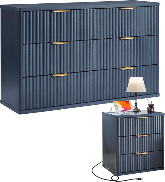 Fluted Dresser and Nightstand Sets, Wood 48" Wide Dresser & 23" Night Stand with Charging Station, 2 Piece Bedroom Furniture Set, Chest of Drawers for Bedroom, Home, Living Room,Nave Blue