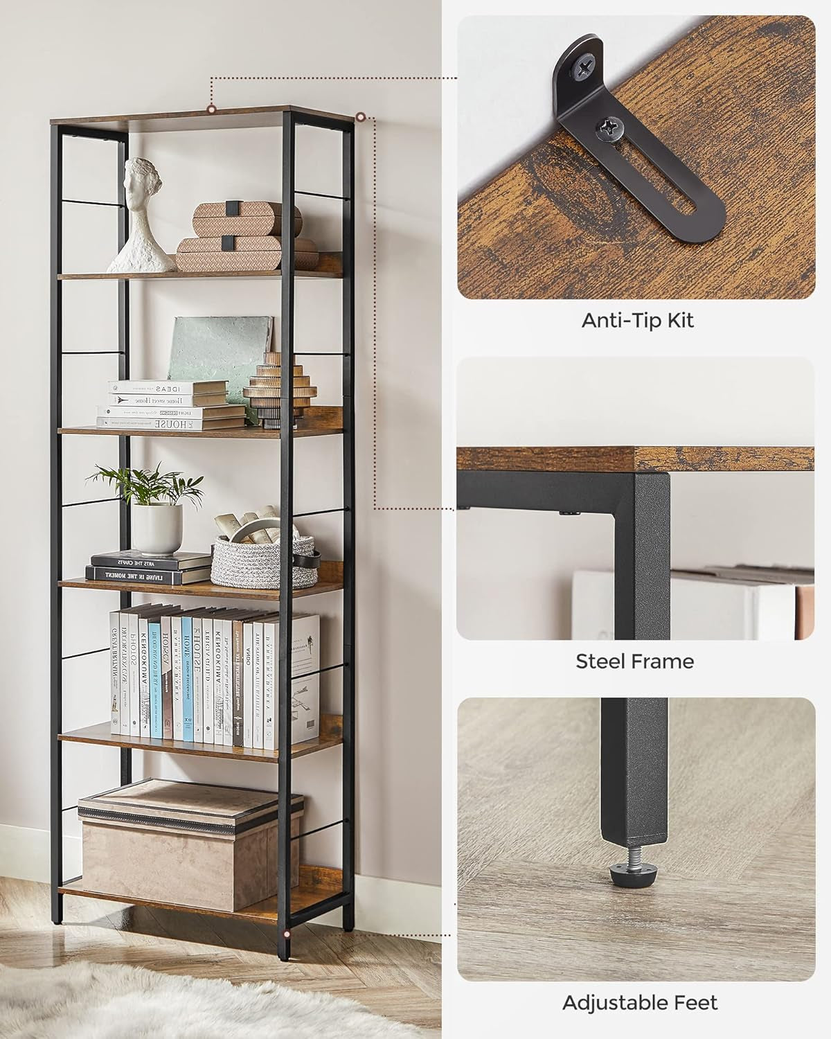 6-Tier Bookshelf, Bookcase for Office, 11.8 X 23.6 X 70.1 Inches, Shelving Unit, with Back Panels, Industrial Style, for Living Room, Study, Home Office, Rustic Brown and Black ULLS118B01