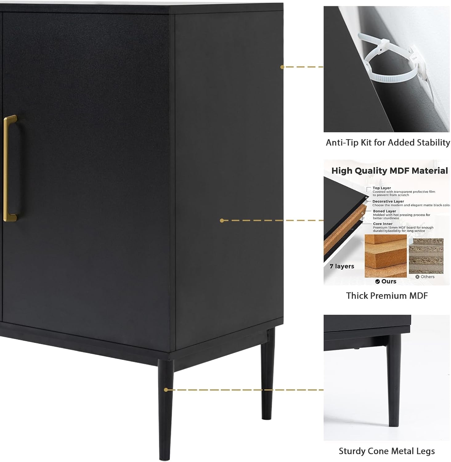 Modern Storage Cabinet, Free Standing Buffet Cabinet, Black Sideboard and Buffet Storage, Wood Accent Furniture for Living Room, Hallway, Entryway, Dining Room, Bedroom (1, Black)