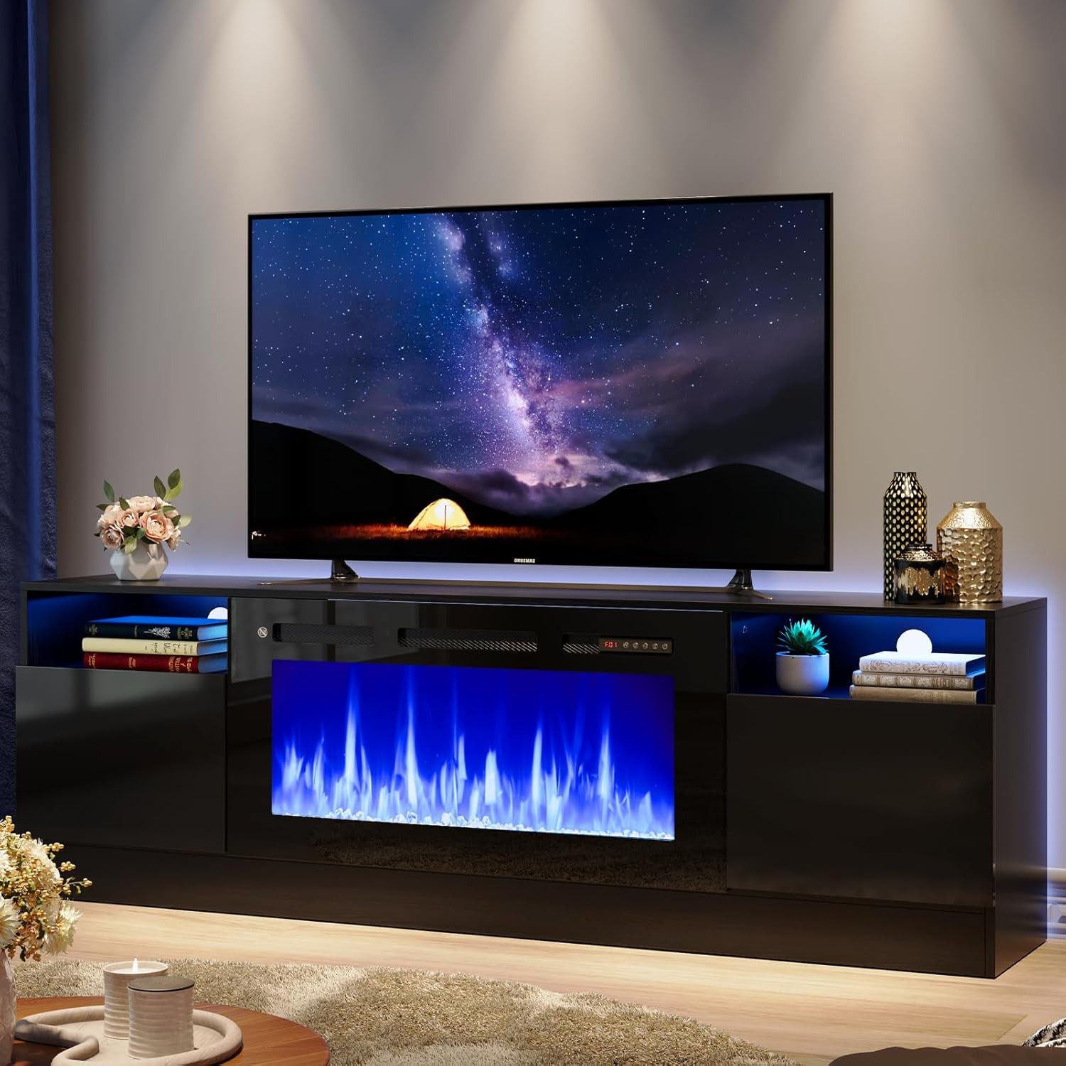 70” TV Stand with 36” Electric Fireplace, Large Modern Media Entertainment Center with Storage Cabinet and 12 Colors LED Lights for Tvs up to 80", Black TV Stand and Black Fireplace