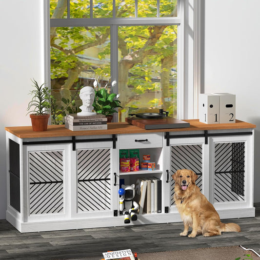 86.6” Large Dog Crate Furniture for 2 Dogs, Decorative Wooden Double Dog Kennel Indoor, Dog Cage TV Stand with Durable Lock & Storage Shelves for Medium Small Pets