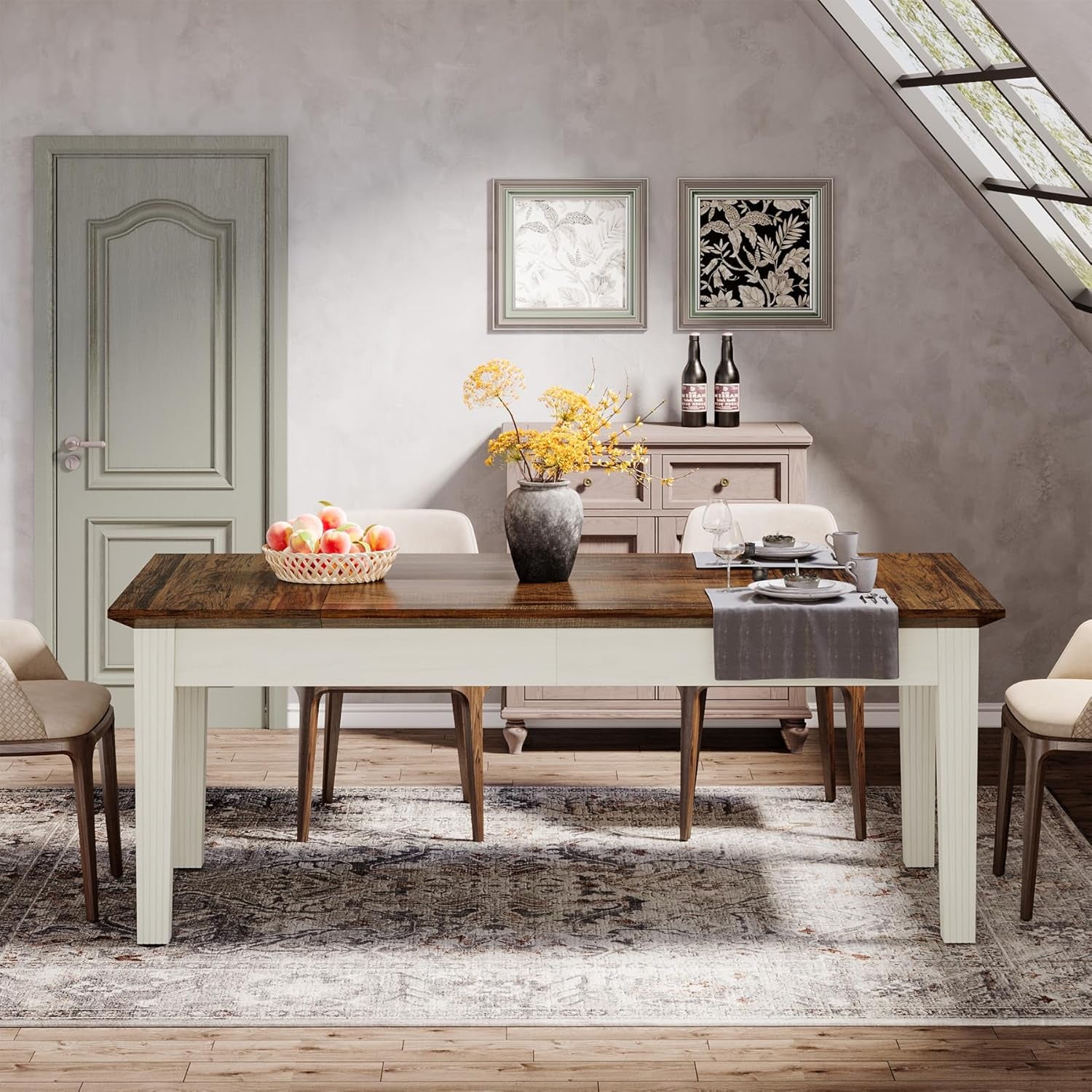 Dining Table for 4-6 People, 62-Inch Rectangular Kitchen Table with Solid Wood Legs, Modern Farmhouse Dinner Table for Dining Room, Kitchen, Living Room, Rustic Brown & Cream White