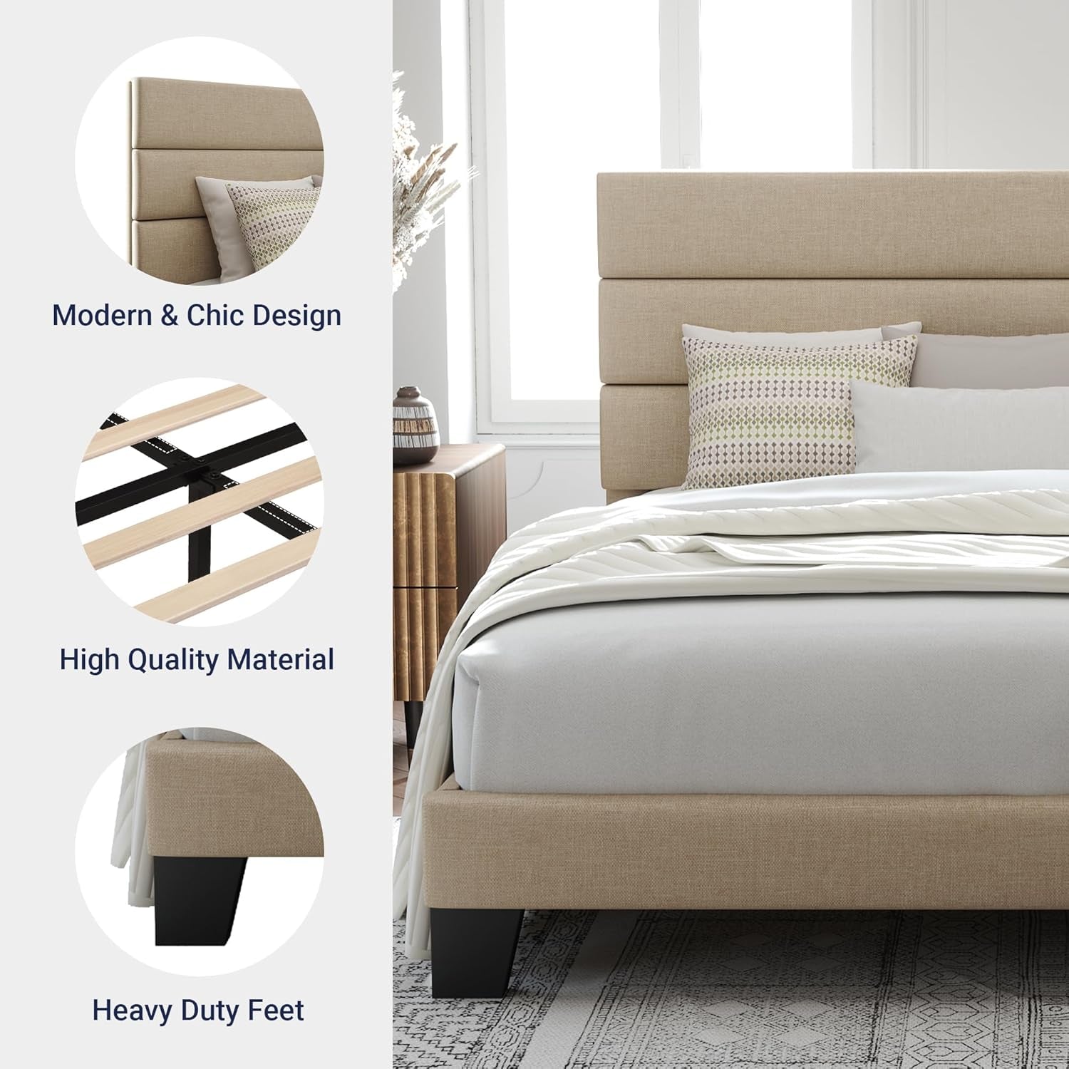 Queen Size Platform Bed Frame with Fabric Upholstered Headboard and Wooden Slats Support, Fully Upholstered Mattress Foundation/No Box Spring Needed/Easy Assembly, Beige