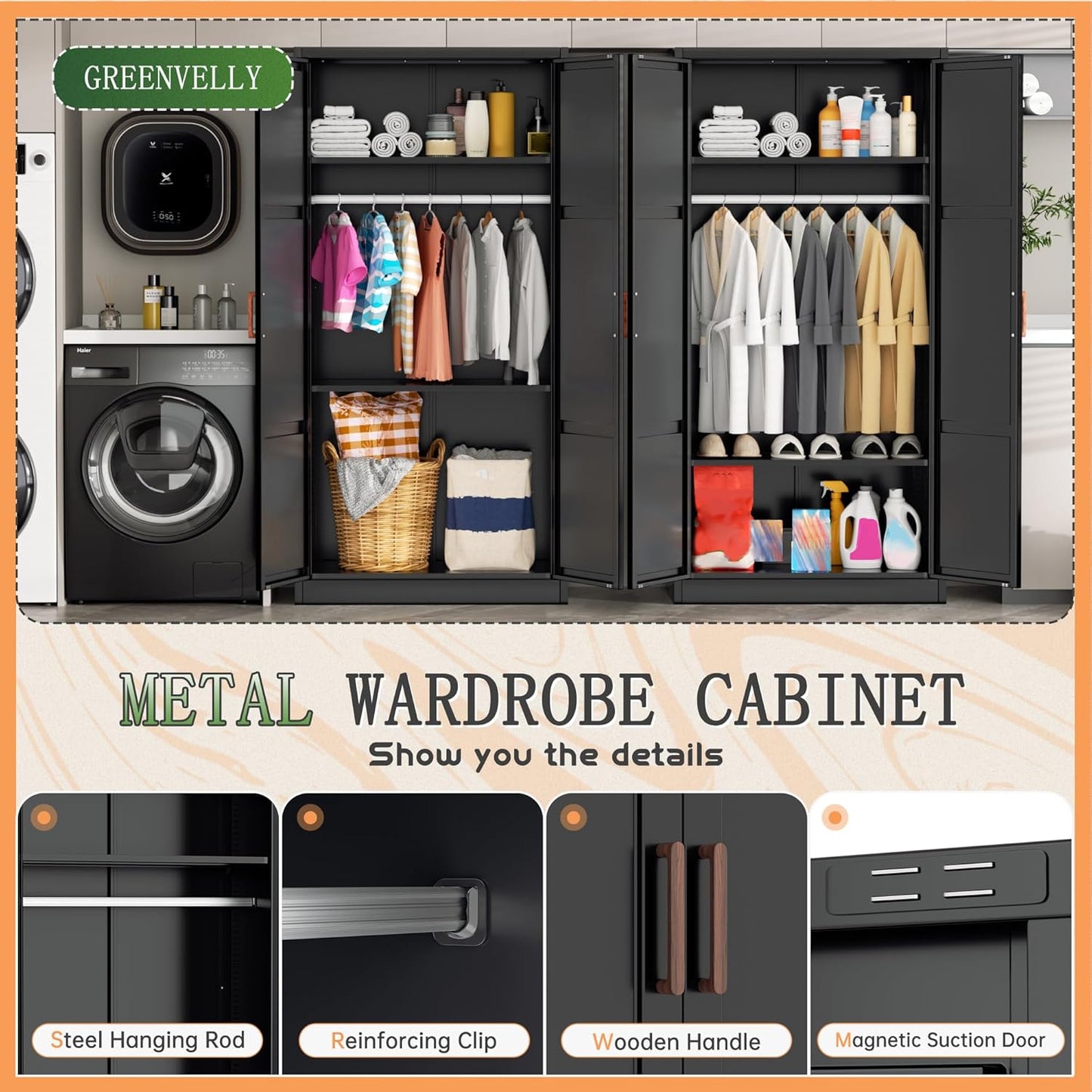 Metal Wardrobe Cabinet with Wooden Handle, 72" Black Metal Wardrobe Closet with Hanging Rods and Adjustable Shelves, Clothing Storage Closet Cabinet for Bedroom, Cloak Room, Laundry Room