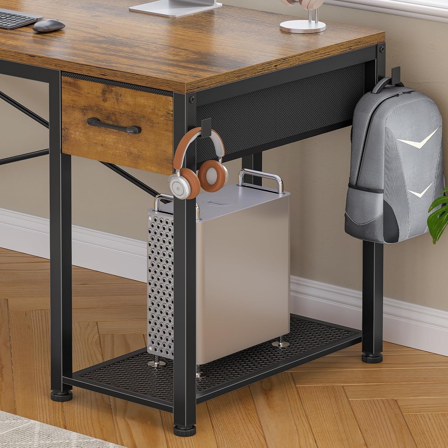 L Shaped Gaming Desk, 51.2" Reversible Small Corner Desk with Drawer, Power Outlet & LED Lights, Computer Desk with Storage Shelves for Small Space, Black