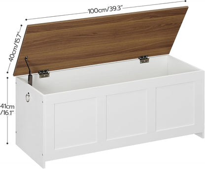 Storage Bench, 39.3" Retro Wooden Storage Chest, Wooden Storage Trunk, Toy Chest with Lift Top, Multifunctional Entryway Organizer, for Entryway, Living Room, White and Walnut WH141CW01