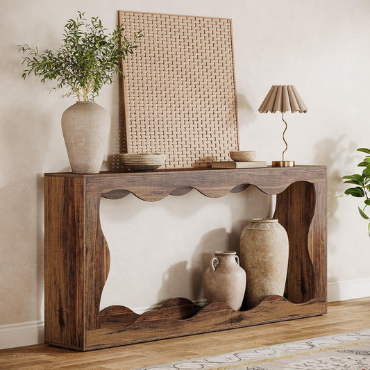 63 Inches Farmhouse Console Table with Storage, Couch Table behind Sofa, Long Entryway Sofa Station, Narrow Console Stand, Hallway Stand for Entryway Living Room, Brown