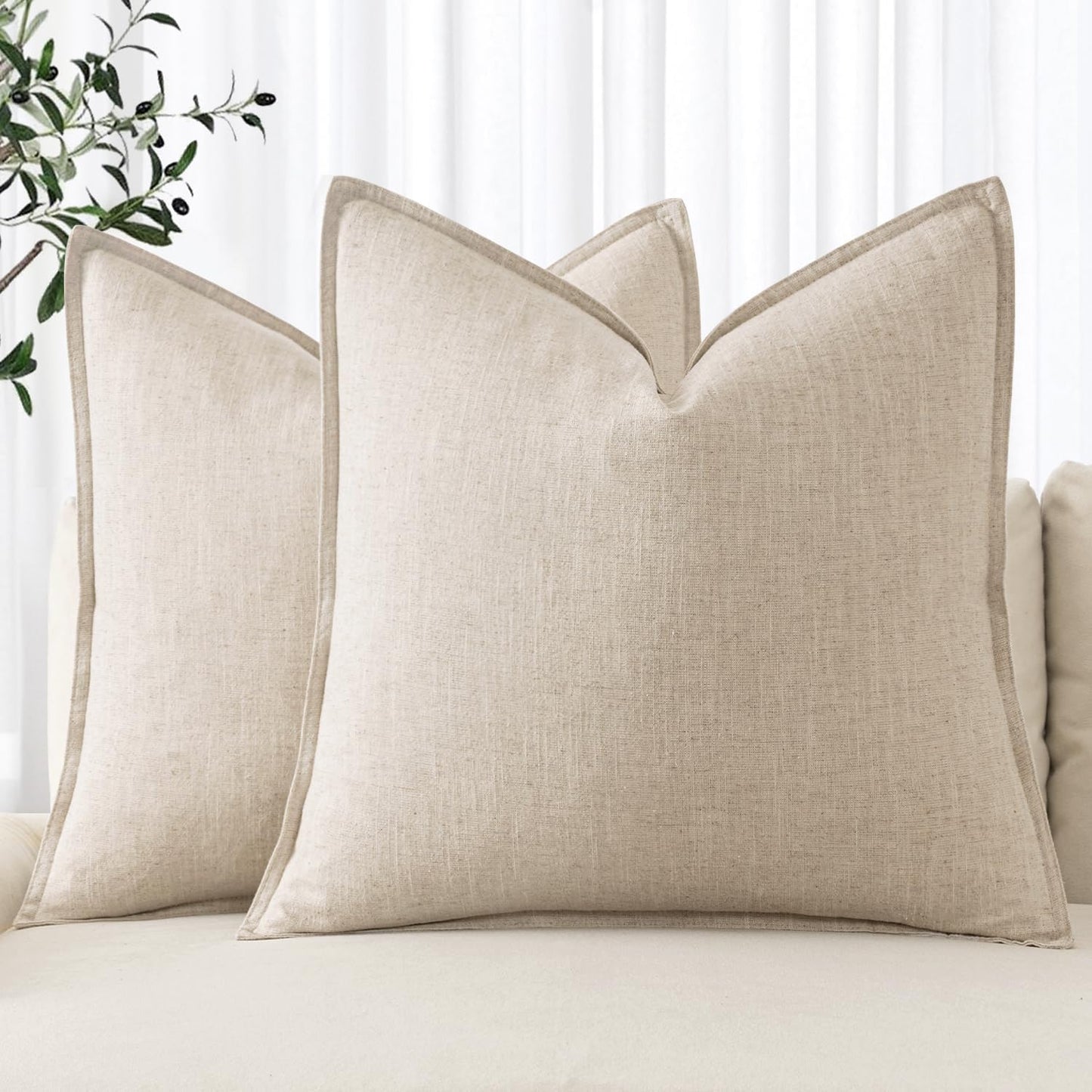 Decorative Linen Euro Sham Pillow Covers 24X24 Natural Beige ​Boho Farmhouse​ ​Neutral Couch Throw Pillows for Bed Pack of 2 Accent Modern Pillowcase Sofa Livingroom Home Decor