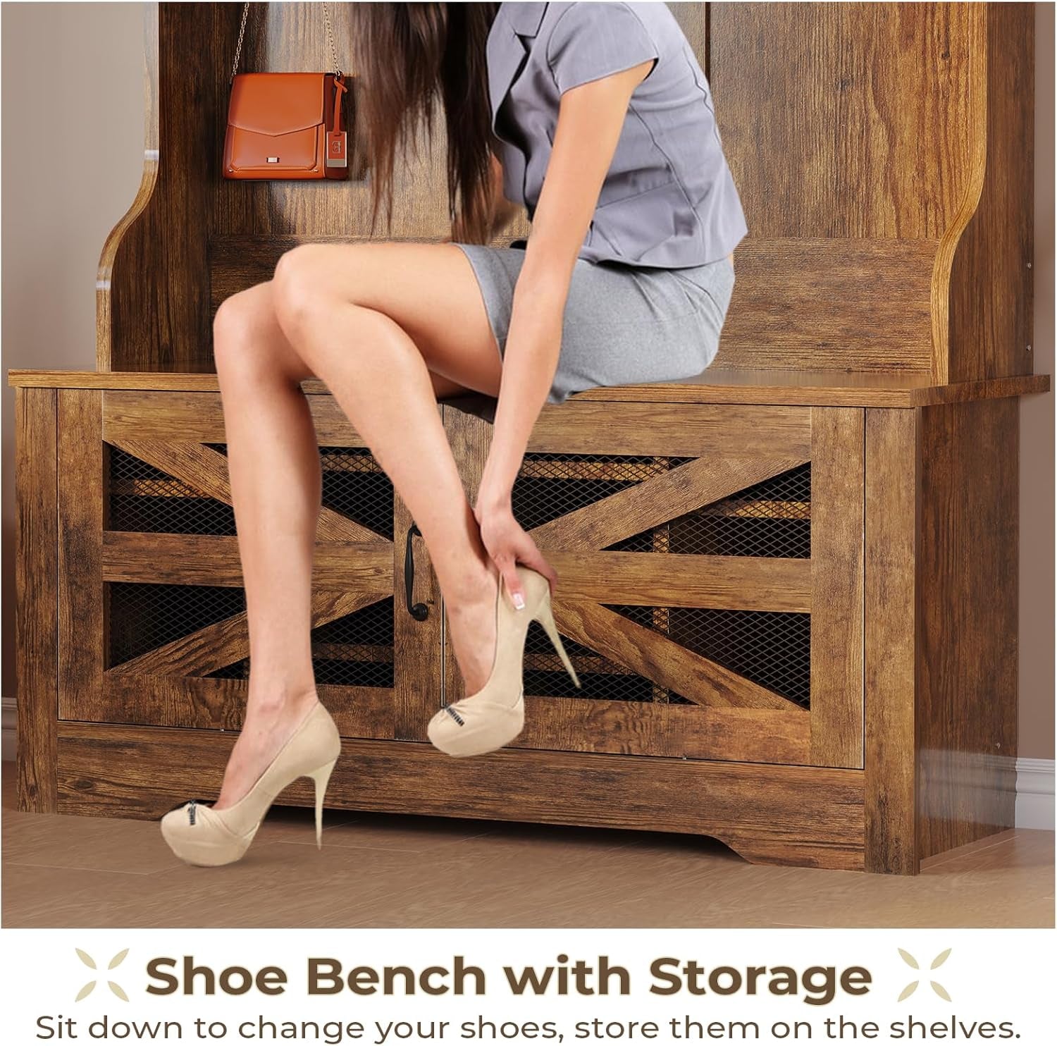 Hall Tree with Bench and Shoe Storage, 5-In-1 Entryway Bench with Coat Rack, 10 Shoe Cubbies & 9 Coat Hooks, Barn Door & Adjustable Shelf (Rustic Brown)
