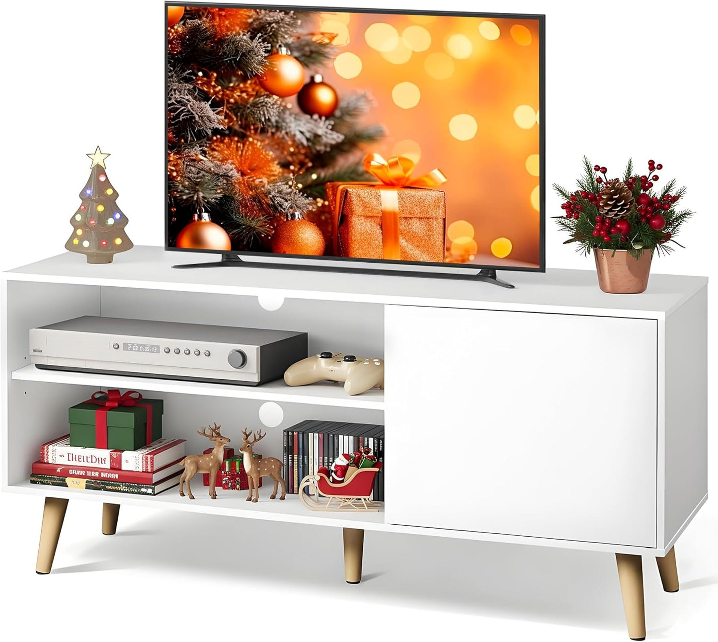 TV Stand for 55 Inch Tvs, Entertainment Center with Storage Cabinet, Mid-Century TV Stands for Living Room and Bedroom, 50" TV Console, White