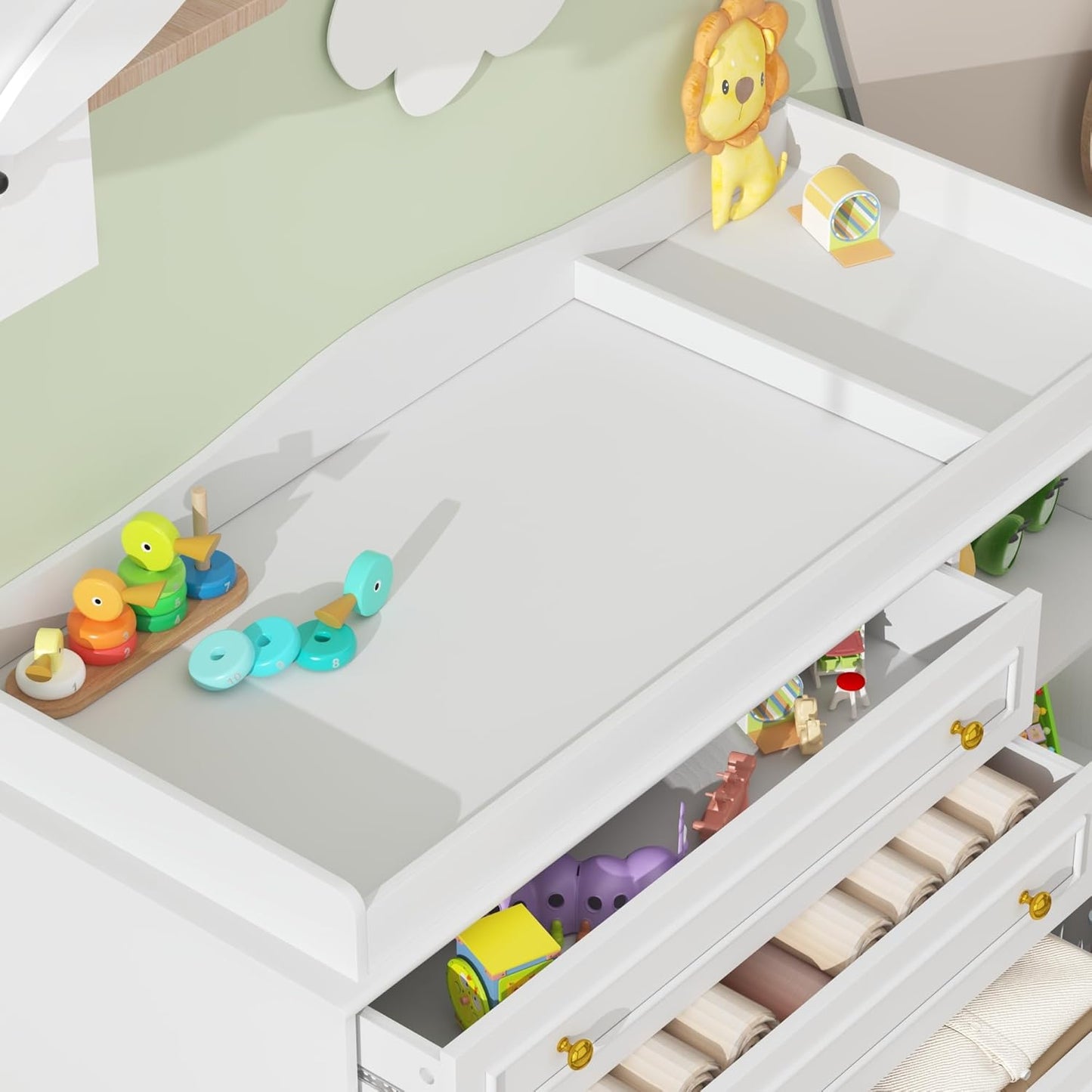 White Changing Table Dresser, Baby Nursery Dresser, Baby Diaper Changing Table, 5 Drawers, Adjustable Shelves, Metal Handle, Curved Wrapping Design, White