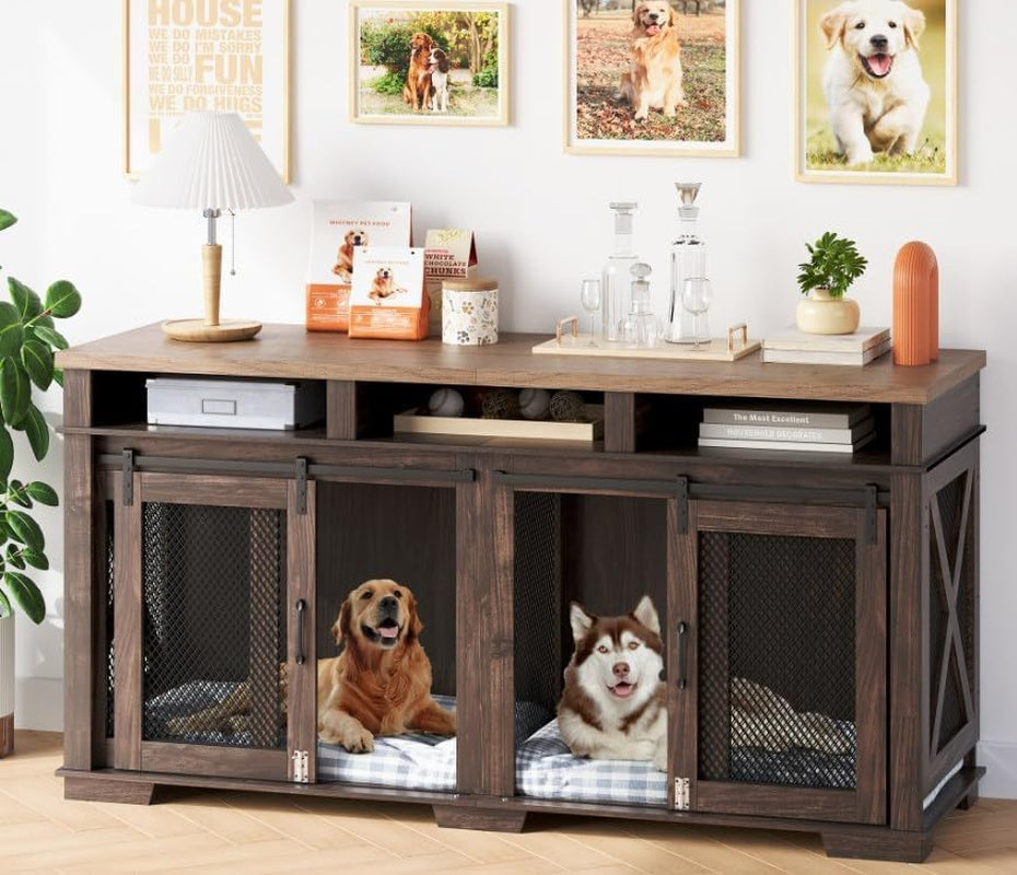 71" Extra Large Dog Crate Furniture, Wooden Double Dog Crates Kennel Cage,Furniture Style Tv Stand Side End Table for 2 Dogs with Removable Divider for Large Dogs,3 Storage,Dark Walnut/Ligh