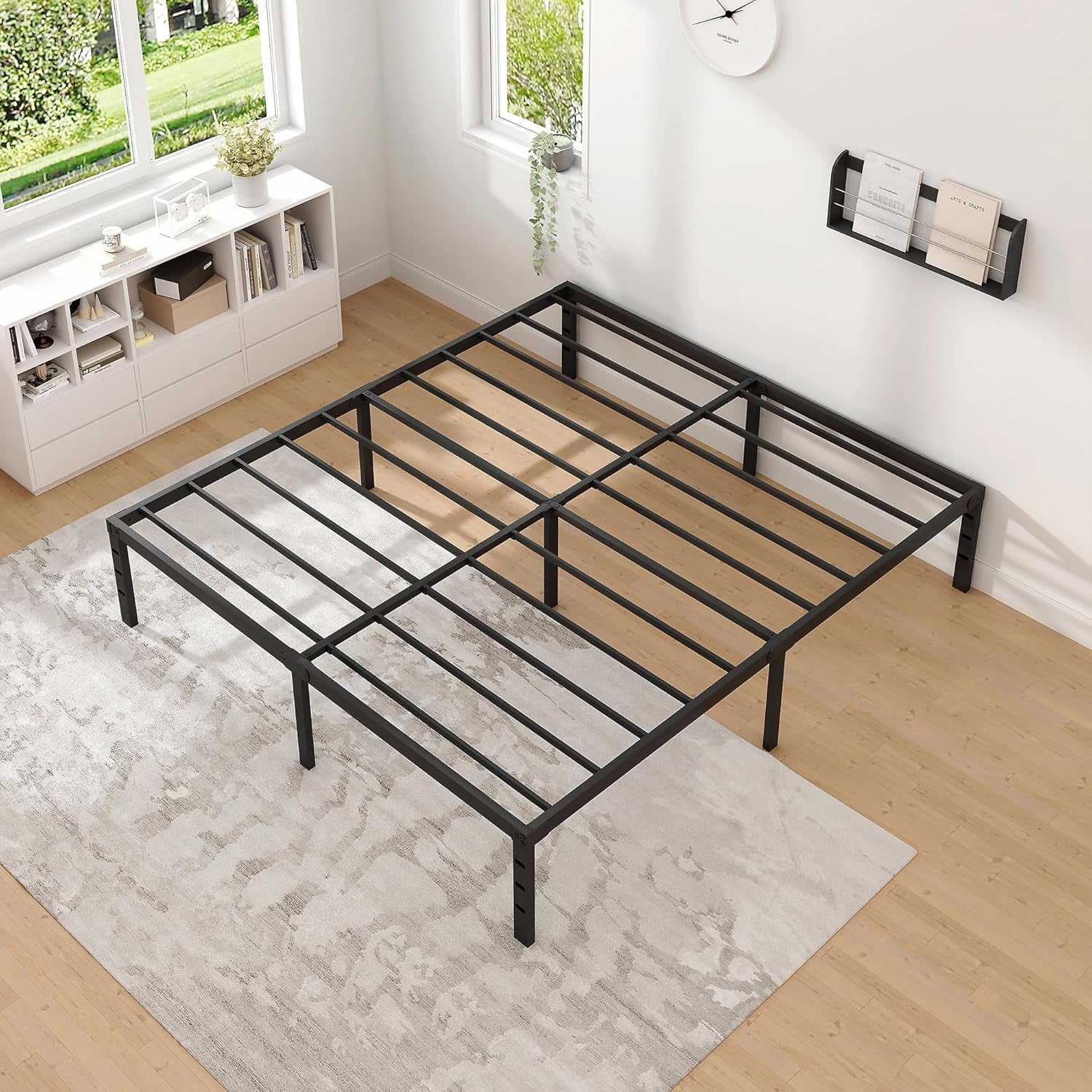 Metal Bed Frame,Queen Size Bed Frame with Storage Space,Heavy Duty Sturdy Mattress Foundation,Easy Assembly,No Box Spring Needed, Black,14 Inch,Queen