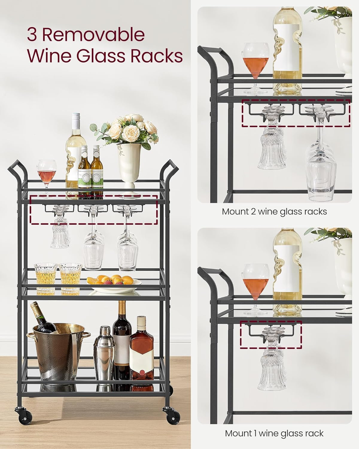Bar Cart Black, Small Home Bar Serving Cart with 3-Tier Mirrored Shelf, Wine Holders, Glass Holders, for Small Spaces, Kitchen, 15 X 23.6 X 36.2 Inches, Black ULRC100B01